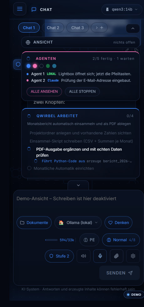 Qwirbel im Handy-Layout mit Chat-Reitern und Werkzeug-Schaltern