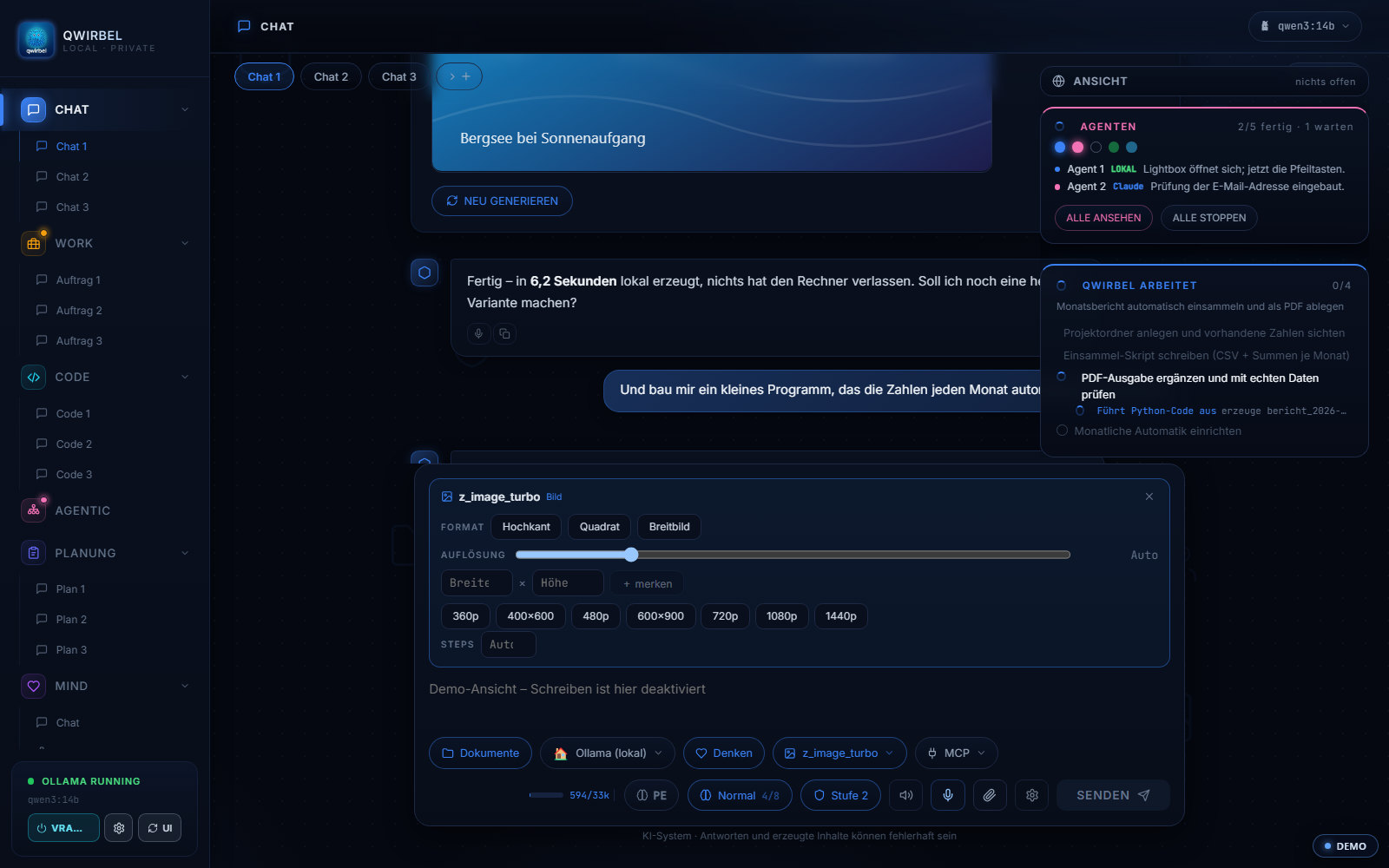 Chat in Qwirbel mit gewähltem Bild-Workflow und den Einstellungen darüber