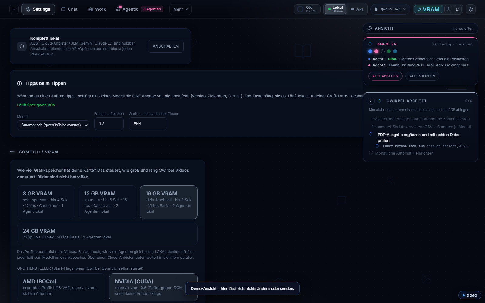 Einstellungen → KI & Filter. Oben der Schalter „Komplett lokal“, darunter die Grafikspeicher-Profile – sie sagen, was mit 8, 12, 16 oder 24 GB wirklich geht.